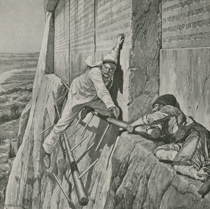 En snæver flugt for Sir Henry Rawlinson ved Rock of Behistun af Richard Caton Woodville junior