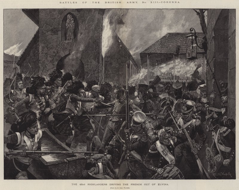Slag i den britiske hær, Corunna, 42nd Highlanders, der driver franskmændene ud af Elvina af Richard Caton Woodville junior