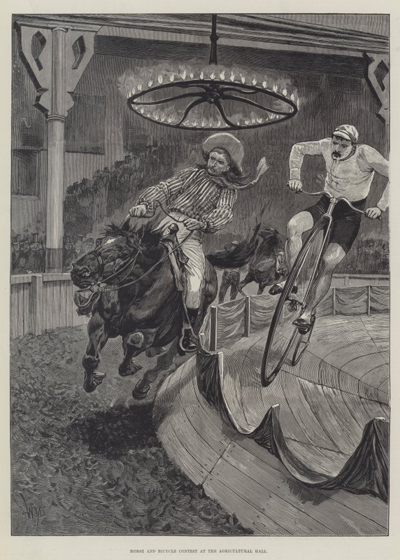 Heste- og cykeldyst i Landbrugshallen af Richard Caton Woodville junior