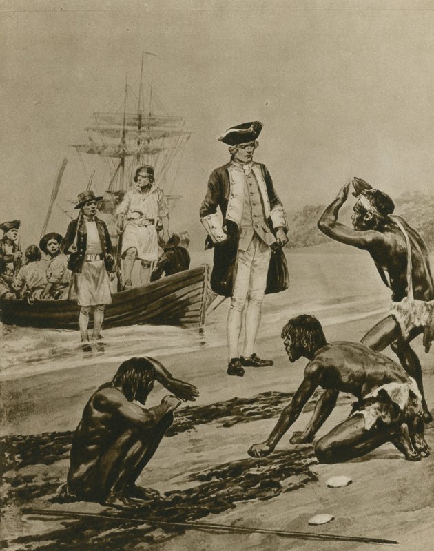 Hvordan Captain Cook blev budt velkommen i Tasmanien (dybtryk) af Richard Caton Woodville junior