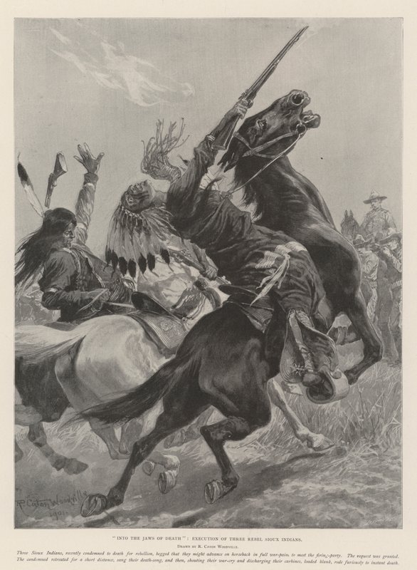 Ind i dødens gab, henrettelse af tre oprørske sioux-indianere af Richard Caton Woodville junior