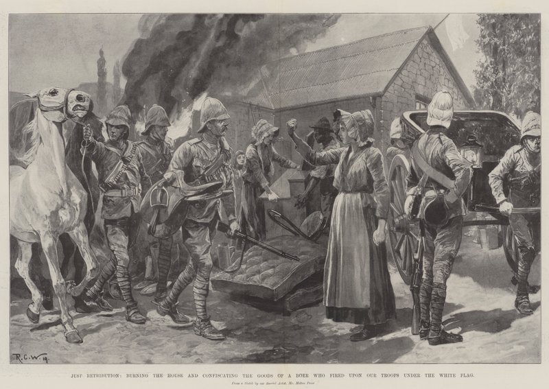 Bare gengældelse, afbrænding af huset og konfiskering af varer fra en boer, der beskød vores tropper under det hvide flag af Richard Caton Woodville junior