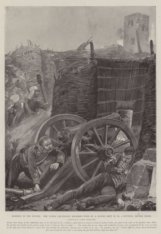 Roberts i mytteriet, den unge løjtnant væltet af et runde skud i batteri nr. 2, før Delhi af Richard Caton Woodville junior