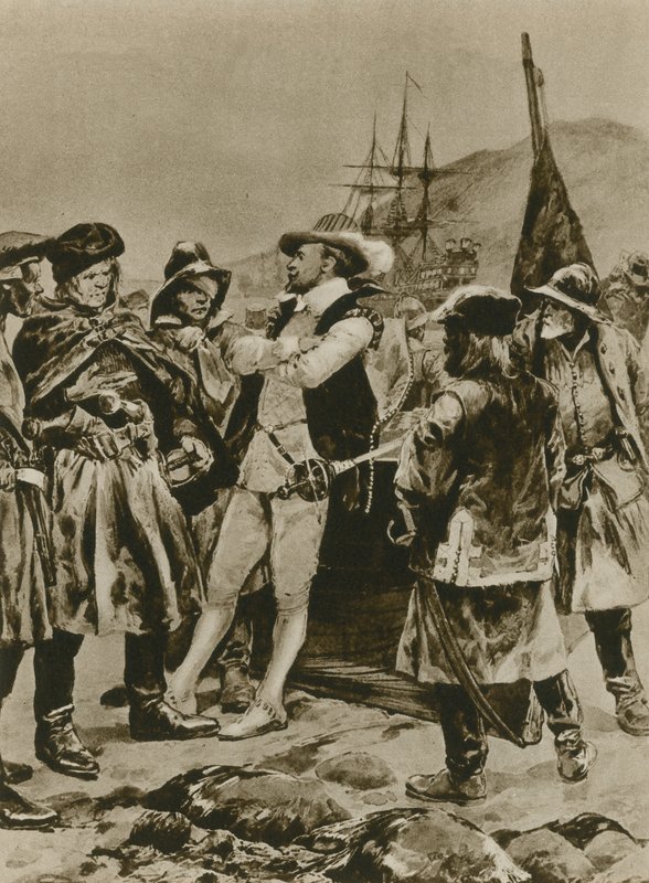 Sir Humphrey Gilbert gør krav på Newfoundland for England (dybtryk) af Richard Caton Woodville junior