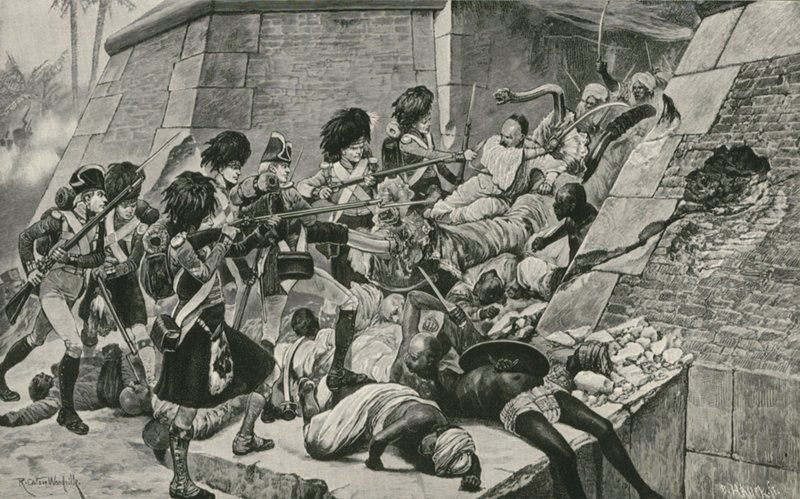 De britiske tropper stormer Seringapatam, Sultan Tipus hovedstad af Richard Caton Woodville junior