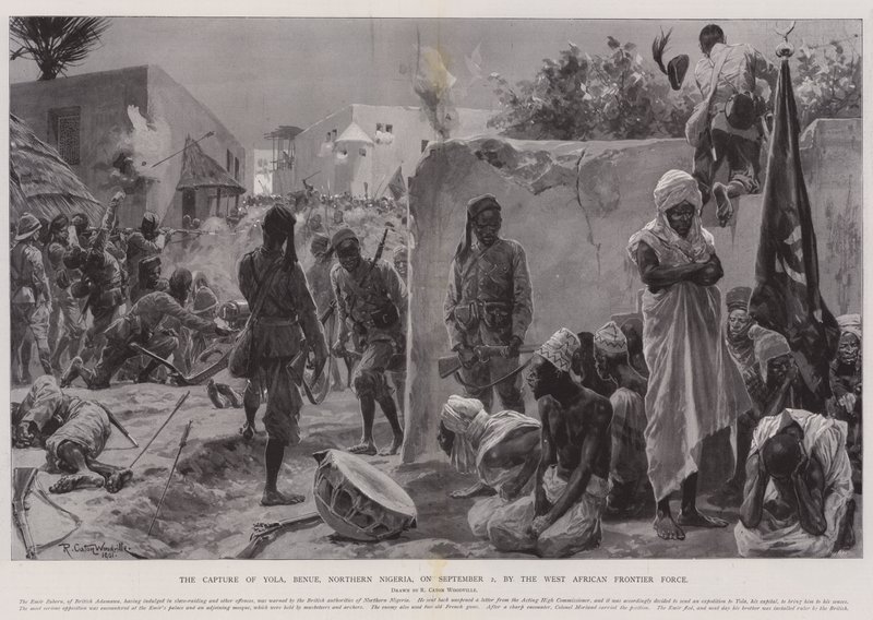 Erobringen af Yola, Benue, det nordlige Nigeria, den 2. september af den vestafrikanske grænsestyrke af Richard Caton Woodville junior
