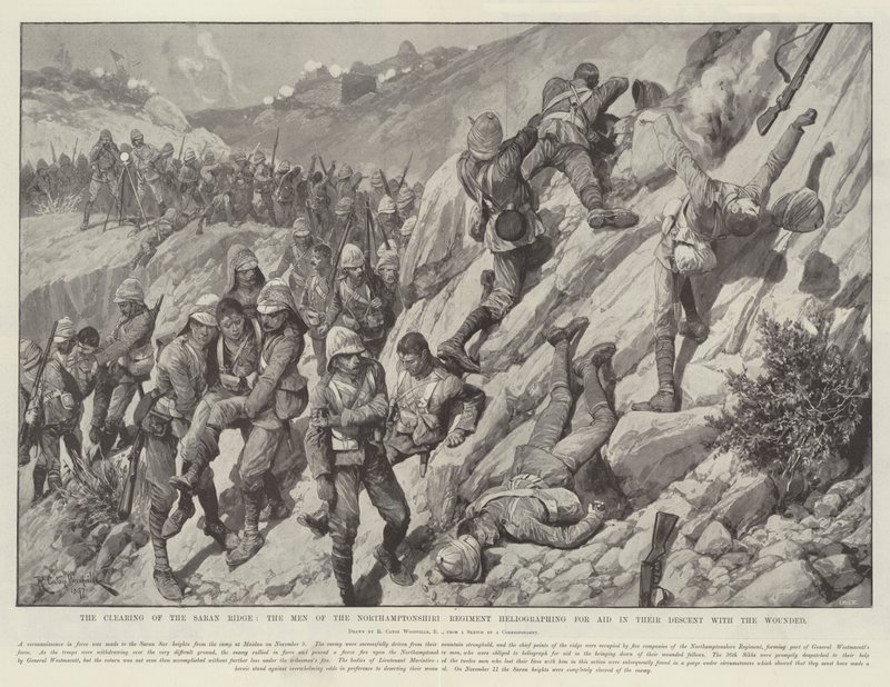 Rydningen af Saran Ridge, mændene fra Northamptonshire Regiment heliograferer for hjælp i deres nedstigning med de sårede af Richard Caton Woodville junior