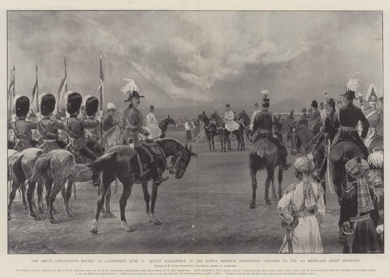 Den store kroningsrevision i Aldershot den 16. juni, hvor dronning Alexandra, i kongens fravær, overrakte faner til 2nd Highland Light Infantry af Richard Caton Woodville junior
