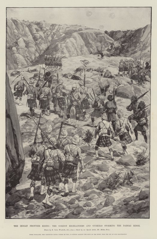 The Indian Frontier Rising, Gordon Highlanders og Gurkhas stormer Dargai Ridge af Richard Caton Woodville junior