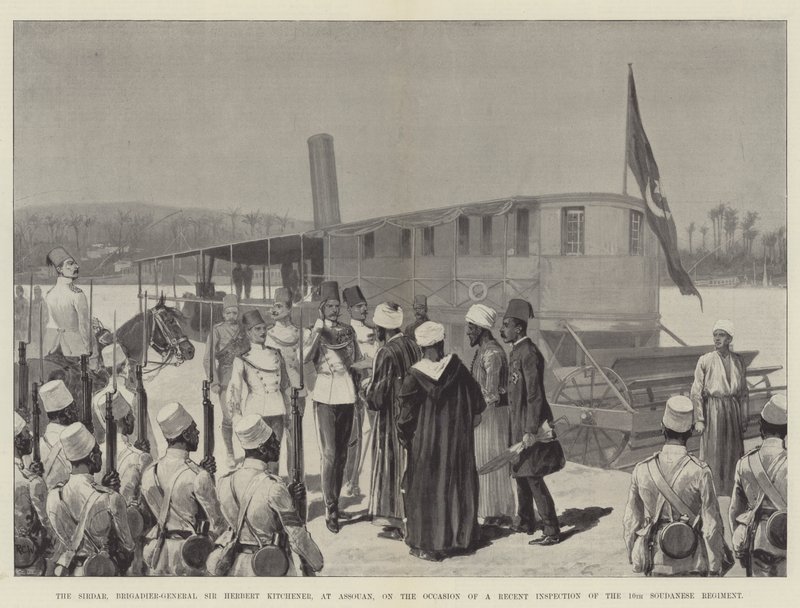 Sirdaren, brigadegeneral Sir Herbert Kitchener, i Assouan i forbindelse med en nylig inspektion af det 10. soudanesiske regiment af Richard Caton Woodville junior