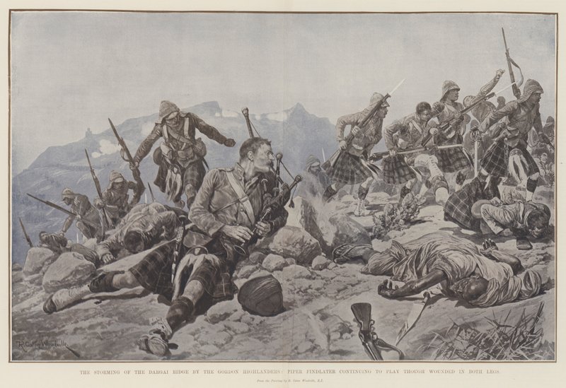Gordon Highlanders storming af Dargai Ridge, Piper Findlater fortsatte med at spille, selv om han var såret i begge ben af Richard Caton Woodville junior