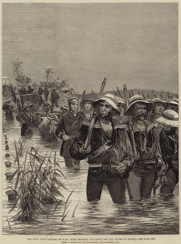 Zulu-krigen, sømænd fra HMS Shah krydser floden for at hjælpe Ekowe af Richard Caton Woodville junior