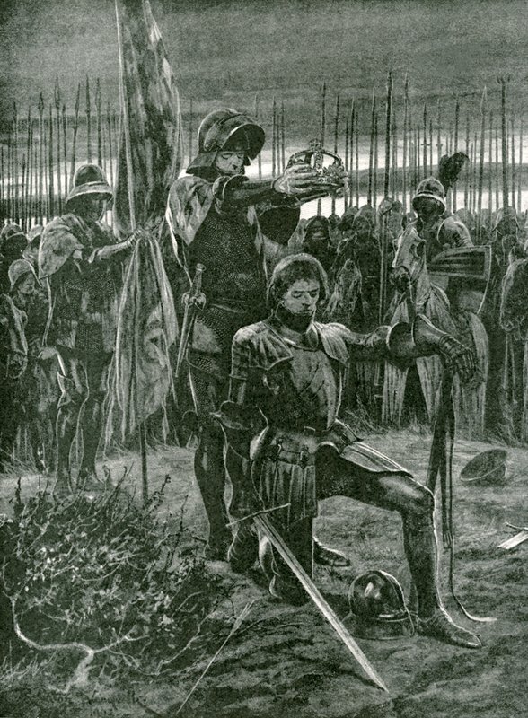 Den uformelle kroning af Henry VII af Lord Stanley på slagmarken i Bosworth, 22. august 1485 af Richard Caton Woodville junior