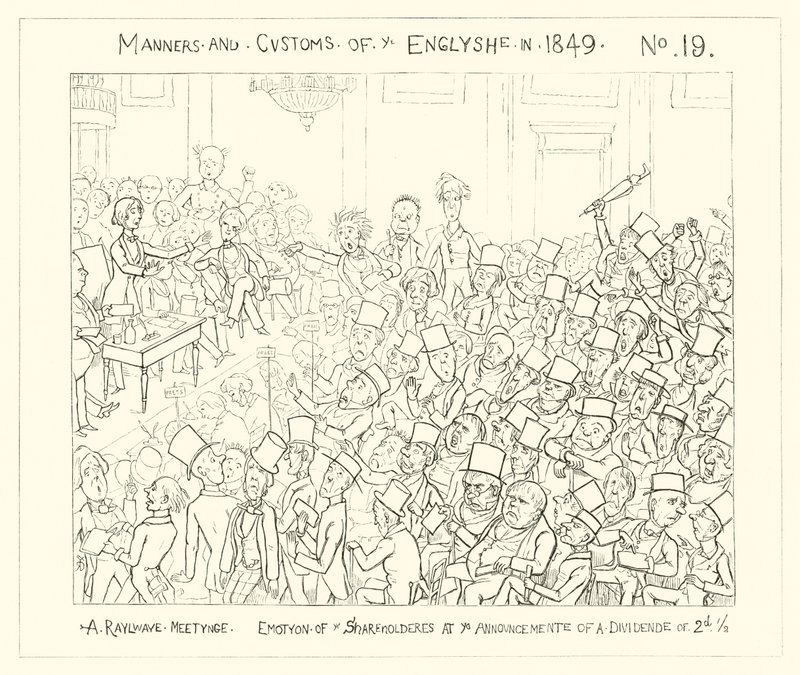 1849, Et jernbanemøde, aktionærernes følelser ved meddelelsen om et udbytte på to og en halv pence af Richard Doyle