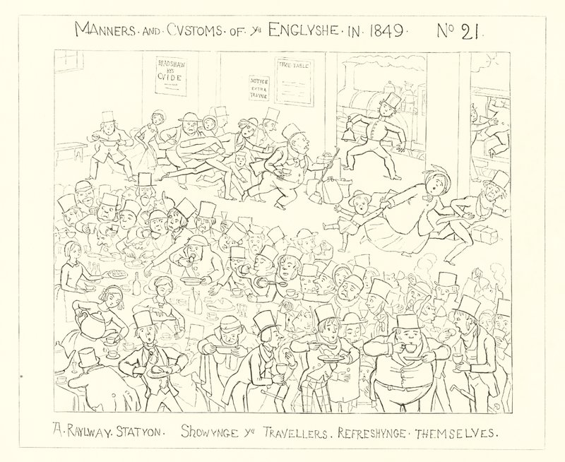 1849, En jernbanestation, hvor de rejsende tager sig en forfriskning af Richard Doyle
