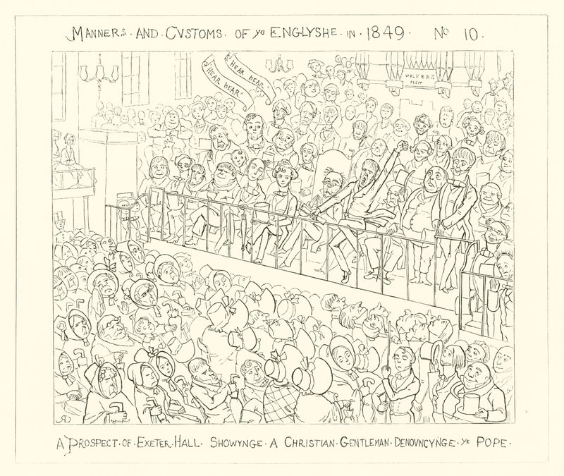 1849, Udsigt til Exeter Hall med en kristen gentleman, der fordømmer paven af Richard Doyle