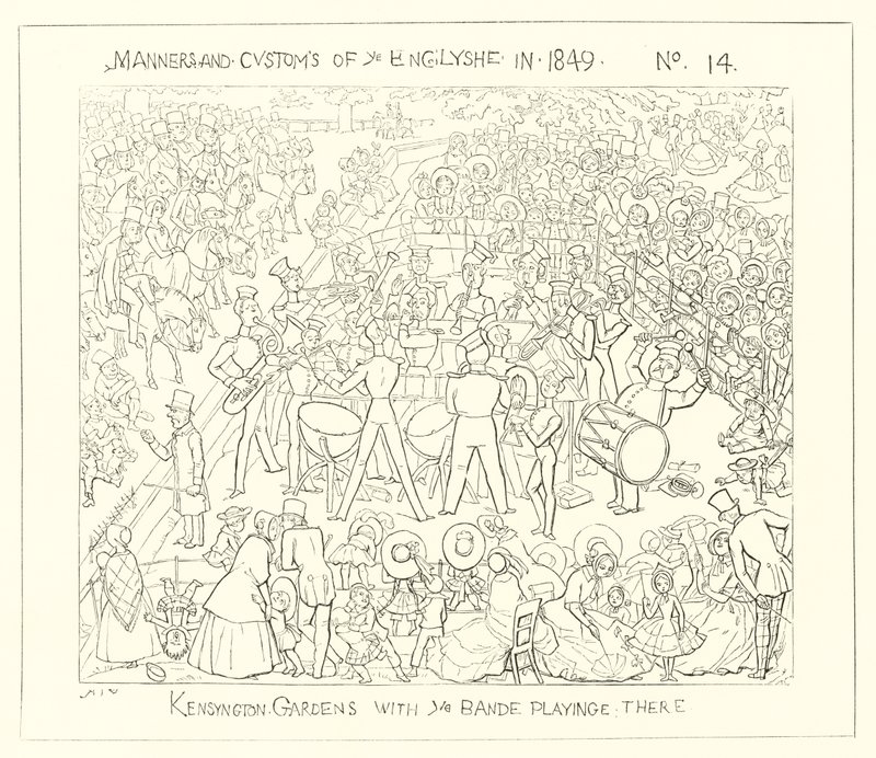 1849, Kensington Gardens med orkesteret i gang af Richard Doyle