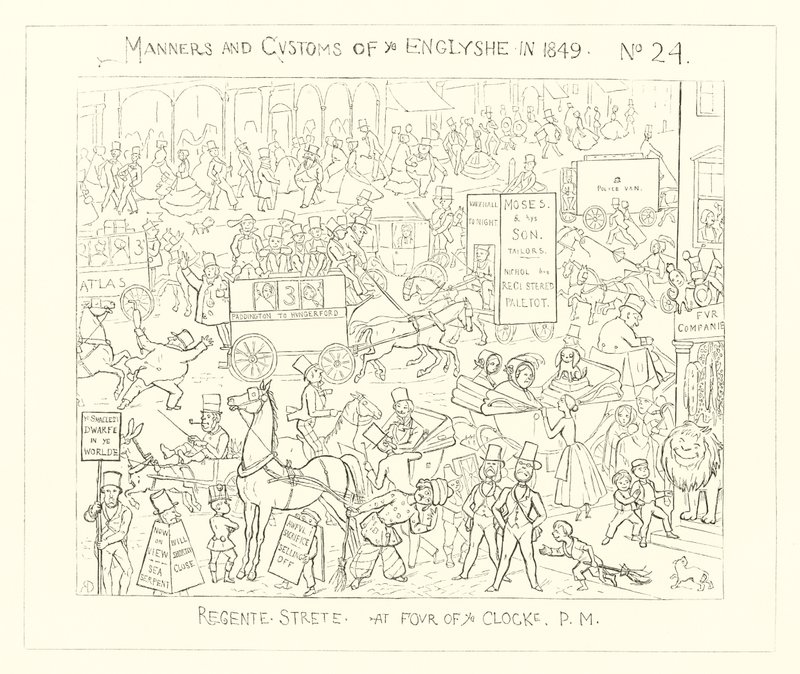 1849, Regent Street klokken fire om eftermiddagen af Richard Doyle