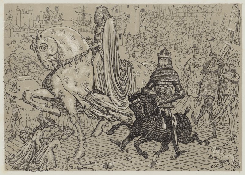 Edward den Sorte Prins, med sin fange, Kong John af Frankrig, på vej ind i London (akvatint) af Richard Doyle