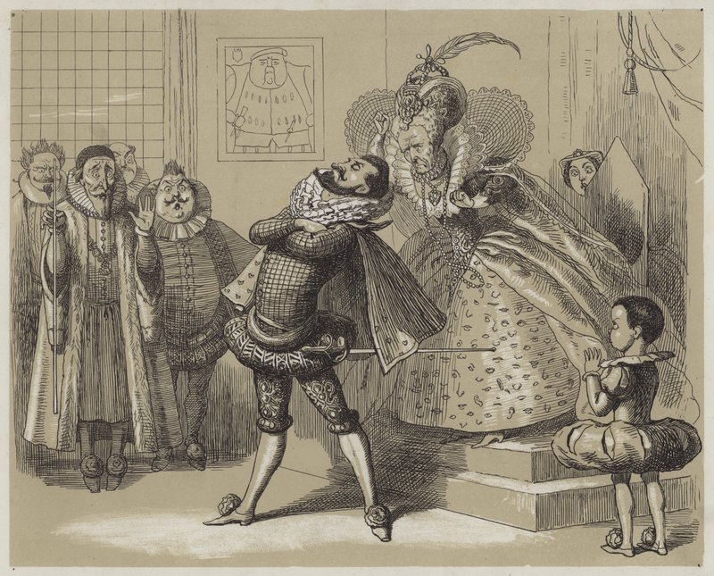 Scene mellem dronning Elizabeth og hendes yndling Essex (akvatint) af Richard Doyle