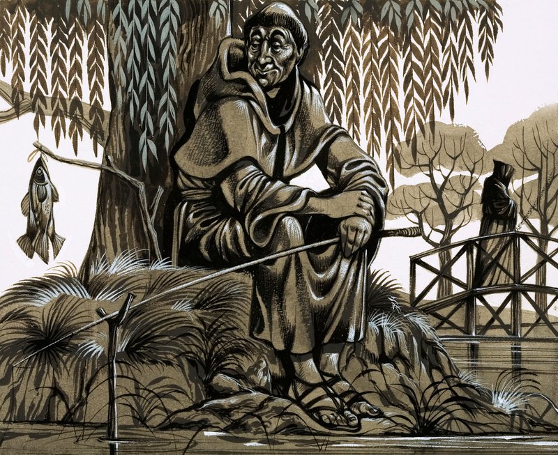 En glad munk lander en til potten (gouache på papir) af Richard Hook