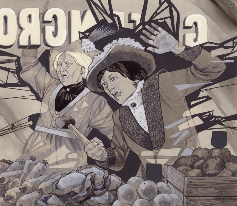 Suffragetter smadrer vinduer (gouache på papir) af Richard Hook