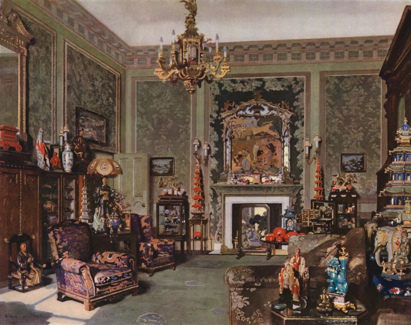 Buckingham Palace: Dronning Marys kinesiske Chippendale-værelse (farvelitografi) af Richard Jack