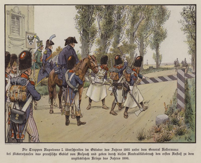 Franske tropper under kommando af general Kellermann krydser grænsen til preussisk territorium ved Sickershausen, oktober 1805 (farve litho) af Richard Knotel