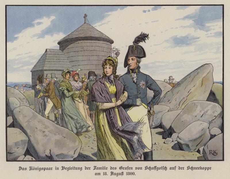Kong Frederik Vilhelm III og Dronning Louise af Preussen i selskab med grev von Schaffgotschs familie på Schneekoppe, august 1800 (farve litho) af Richard Knotel