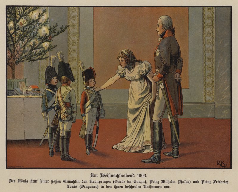 Kong Frederick William III og dronning Louise af Preussen med kronprins Frederick William, Prince William og Prince Frederick Louis klædt i militæruniformer juleaftensdag af Richard Knotel