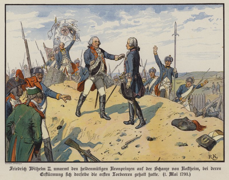 Kong Frederik Vilhelm II af Preussen omfavner sin heroiske søn, Kronprins Frederik Vilhelm, på bakken ved Kostheim af Richard Knotel