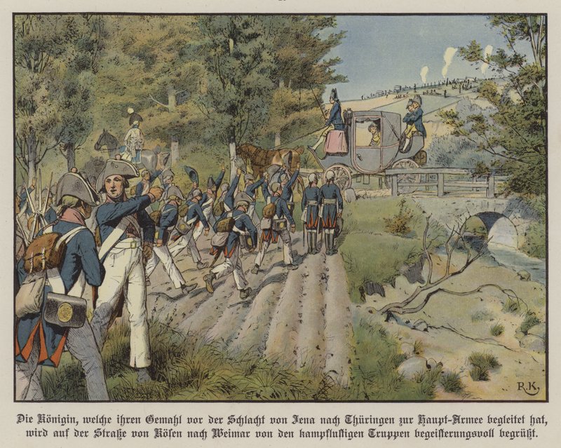 Preussiske soldater hilser på Dronning Louise af Preussen, da hun passerer dem på vejen fra Kosen til Weimar (farve litho) af Richard Knotel