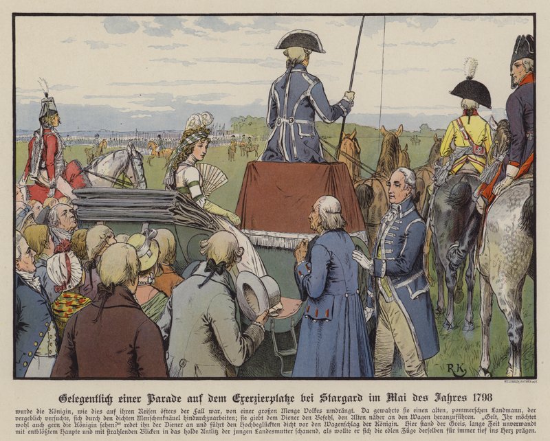 Dronning Louise af Preussen ved en parade på paradepladsen ved Stargard, maj 1798 (farve litho) af Richard Knotel