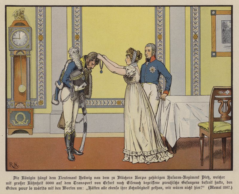 Dronning Louise af Preussen tildeler løjtnant Hellwig ordenen Pour la Merite, Memel af Richard Knotel