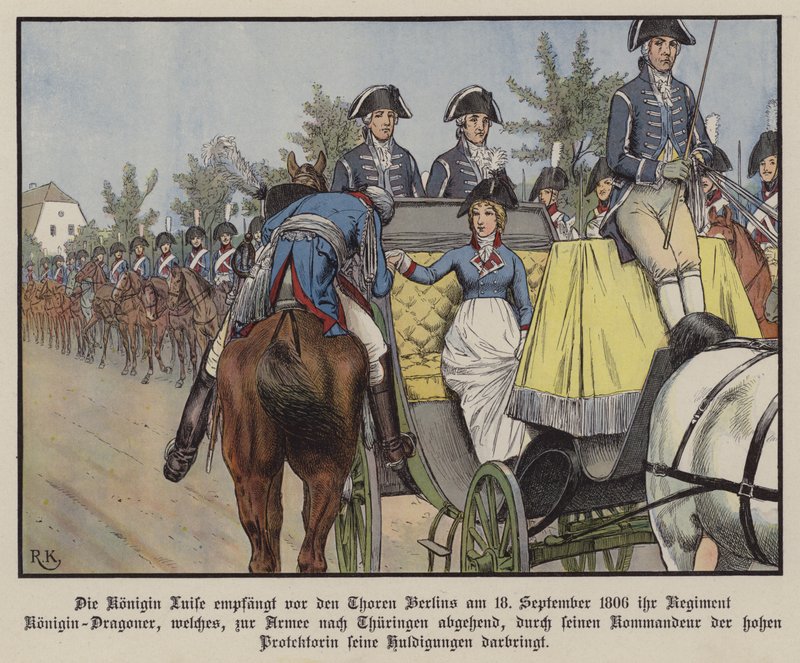 Dronning Louise af Preussen gennemgår sit dragonregiment, Berlin af Richard Knotel