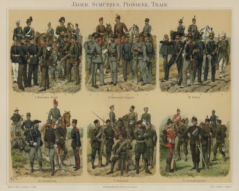 Riflemænd, pionerer og forsyningstropper fra europæiske hære (farve litho) af Richard Knotel