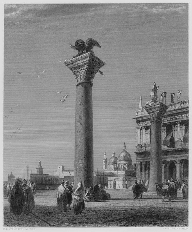 The Columns of St Mark, Venedig, fra billedet i Vernon Gallery (gravering) af Richard Parkes (after) Bonington