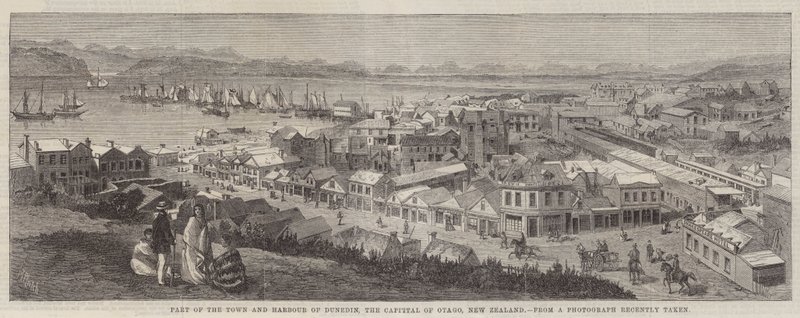 En del af byen og havnen i Dunedin, hovedstaden i Otago, New Zealand af Richard Principal Leitch