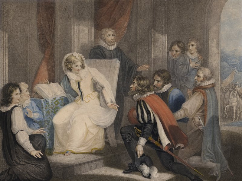 Dronning Elizabeth I modtager nyheden om sin søster Queen Marys død (farveakvatint) af Richard Westall
