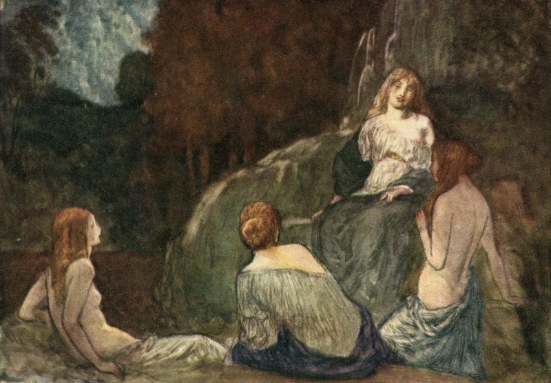 Hvor den uhøflige økse, med hævet slag, Aldrig hørte nymferne skræmme af Robert Anning Bell