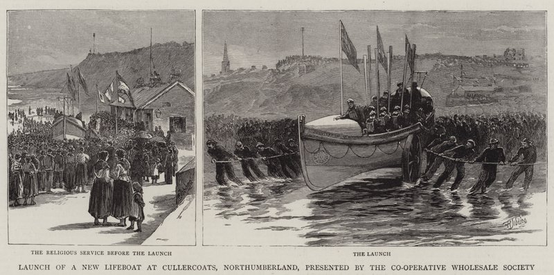 Lancering af en ny redningsbåd i Cullercoats, Northumberland, præsenteret af Co-Operative Wholesale Society af Robert Jobling