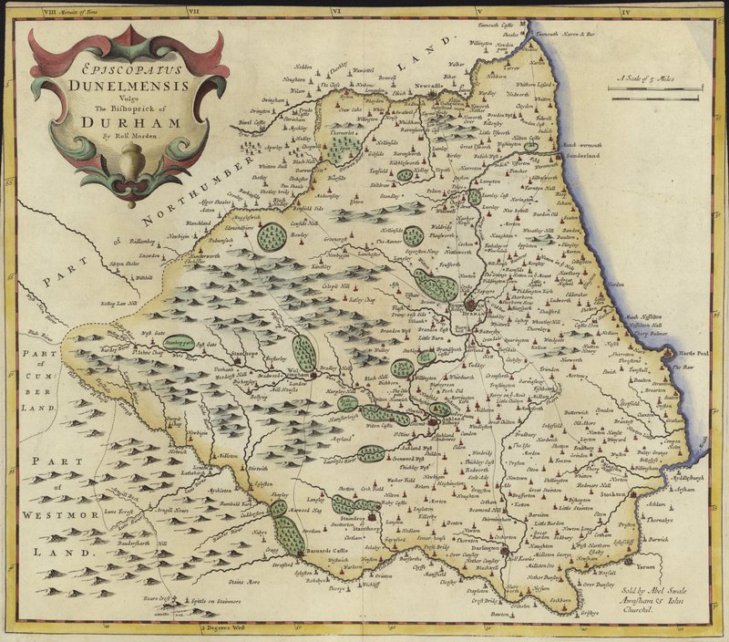 Kort over Durham (farvegravering) af Robert Morden