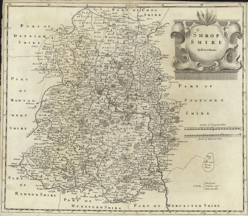 Kort over Shropshire (farvegravering) af Robert Morden