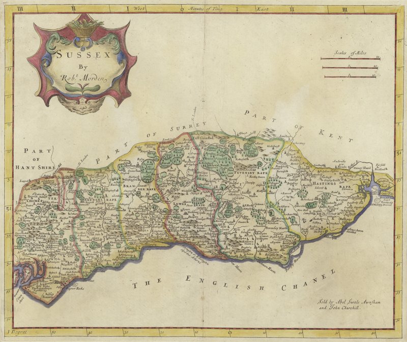 Kort over Sussex (farvegravering) af Robert Morden