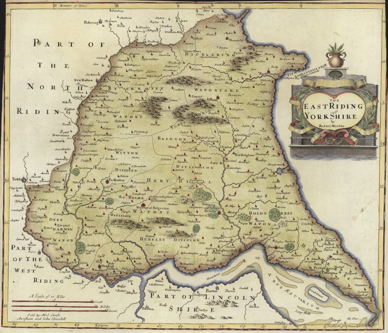 Kort over East Riding of Yorkshire (farvegravering) af Robert Morden