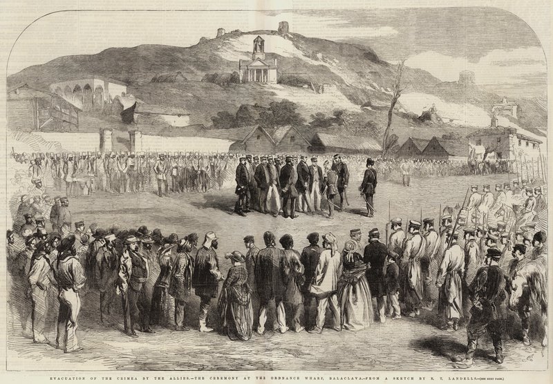 Evakuering af Krim af de allierede, ceremonien ved Ordnance Wharf, Balaclava af Robert Thomas Landells