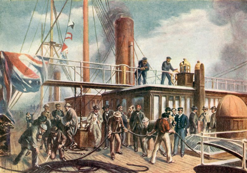Great Eastern bjærger det tabte Atlanterhavskabel (farvelitografi) af Robert (after) Dudley