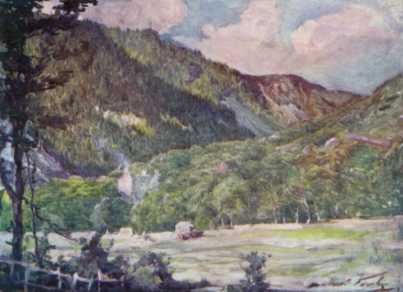 En hømark nær Portmadoc (farve litho) af Robert (after) Fowler
