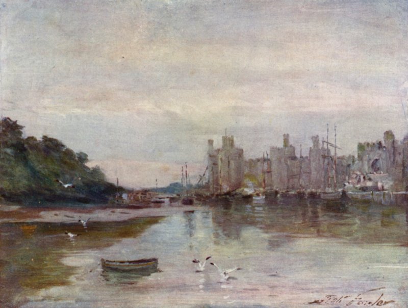 Carnarvon Castle (farve litho) af Robert (after) Fowler