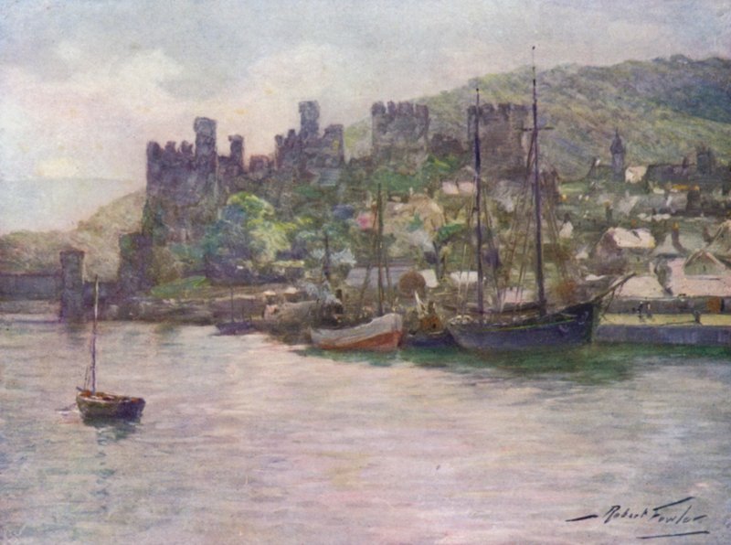 Conway Castle and Quay, middag (farve litho) af Robert (after) Fowler